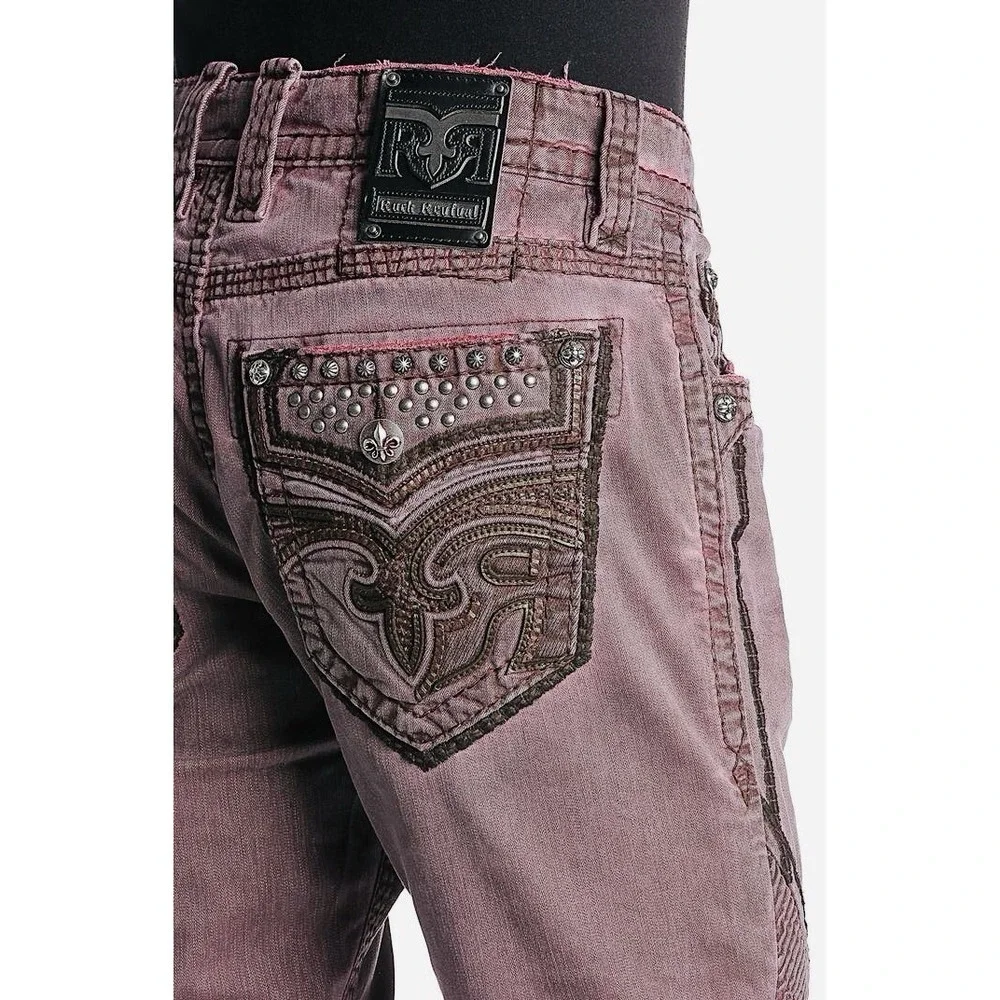 NEW Rock Revival Reid K6 Biker Jeans Men's 42 x 32 Burgundy Flex Stretch Pants